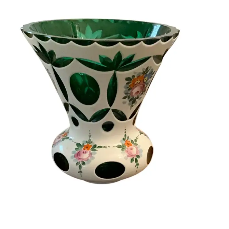 Vintage Moser Czech Or Bohemian White Cut To Green Cased Glass Vase 5”x 4 1/2”