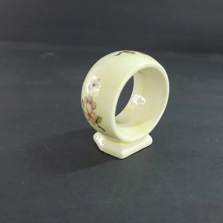 Vintage Set of 8 Handmade Ceramic Round Floral Napkin Rings Yellow Pink Green