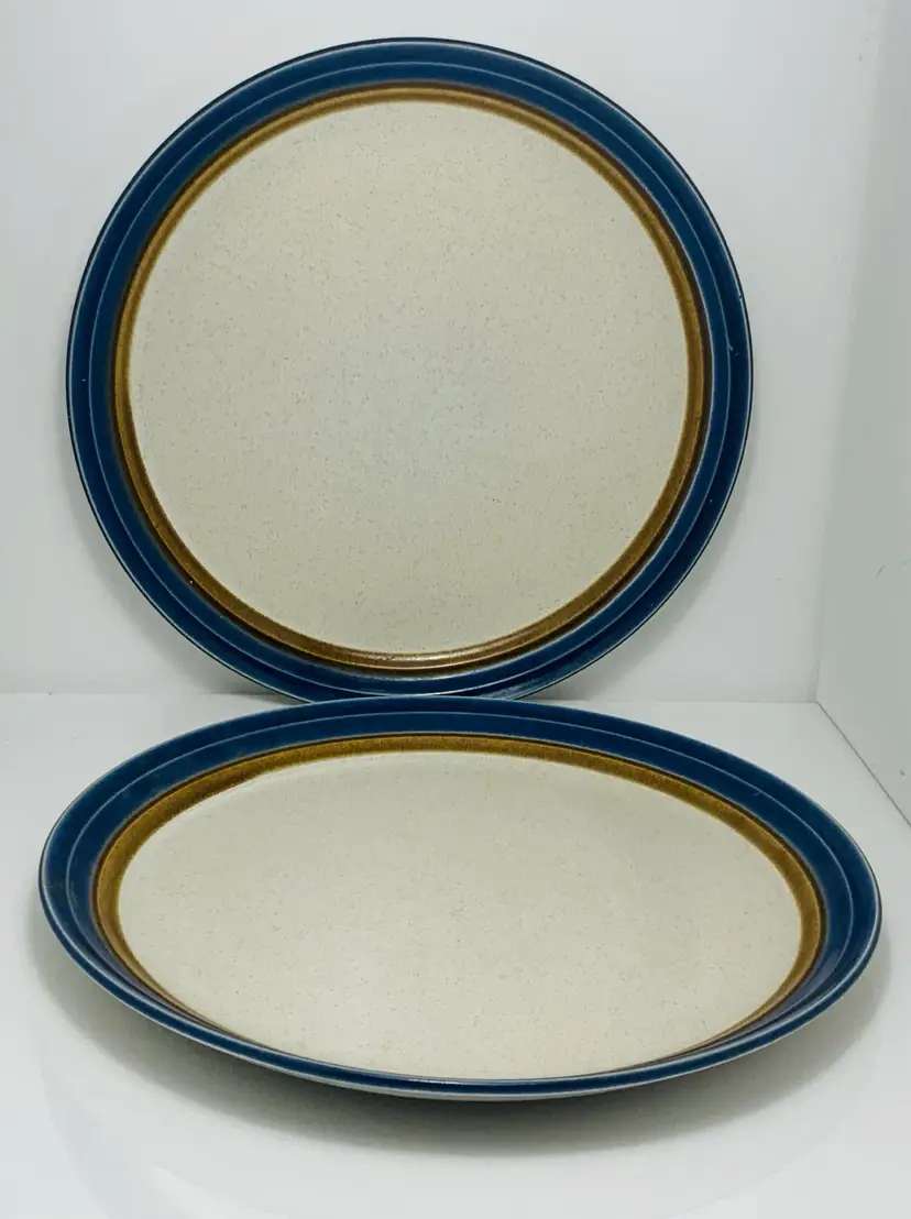 Vintage Colorful Blue Striped Plate Pair Craft Stone Blue Hill Made In Japan