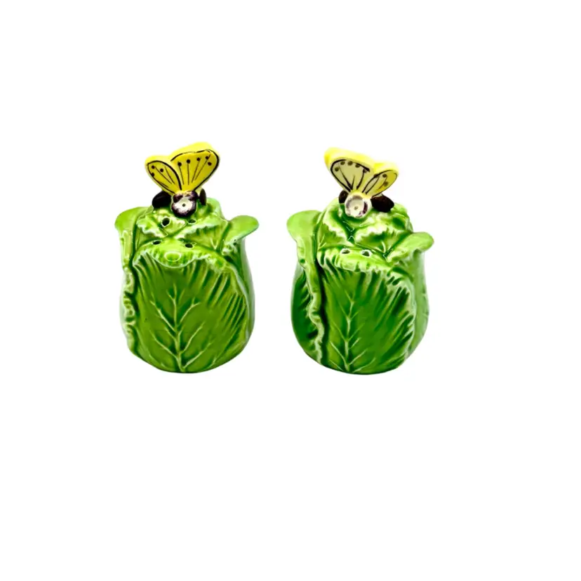 Enesco Cabbage Leaf With Yellow Butterfly Salt And Pepper Shakers