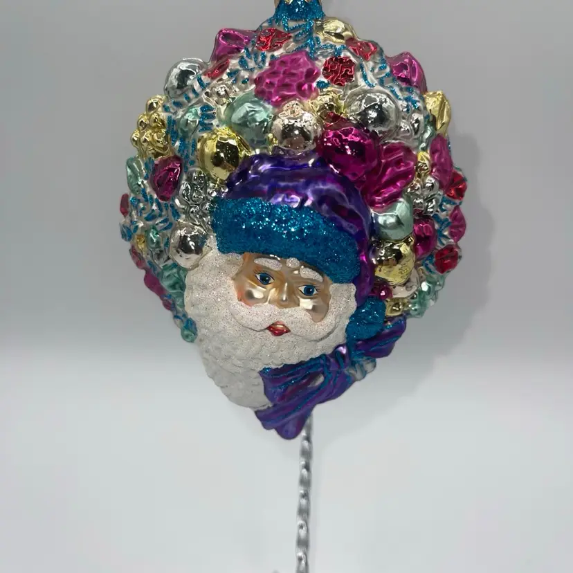 Larry Fraga Blown Glass Ornament Santa Face In Wreath 5.5” Double-sided