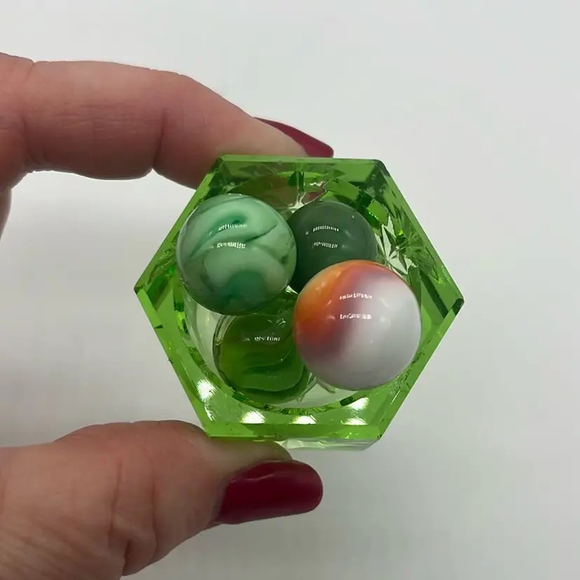 Salt Cellar w/ 4 Marbles Cut Green Glass | 1.5”