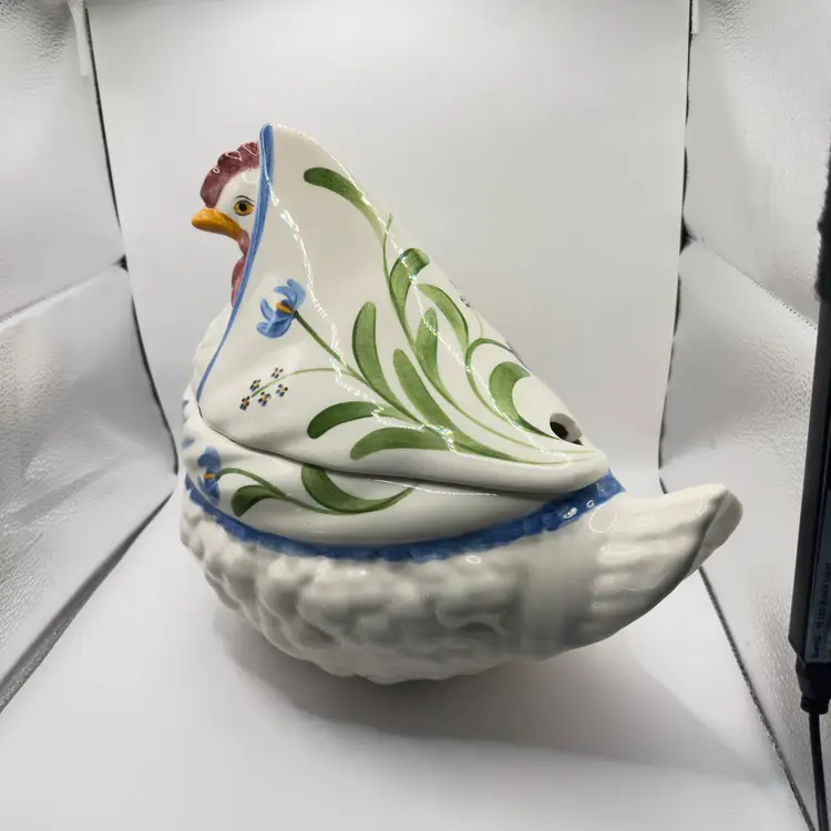 Vintage 1970’s Blue Stipple Hen Soup Gravy Tureen, by N S Gustin (was part of California Pottery), made in California