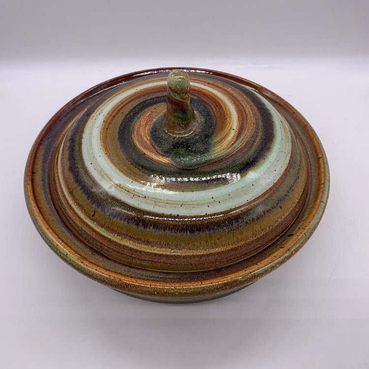Artist Signed Studio Pottery Covered Casserole Dish Green Brown Swirl - Read