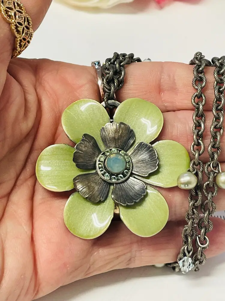 Liz Palacios Green Swarovski Crystals & Enamel with a labradorite stone pendant