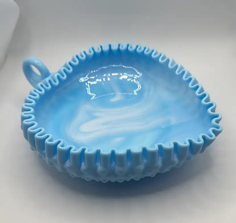Fenton Blue Slag Glass Hobnail Heart Shaped handled Bowl