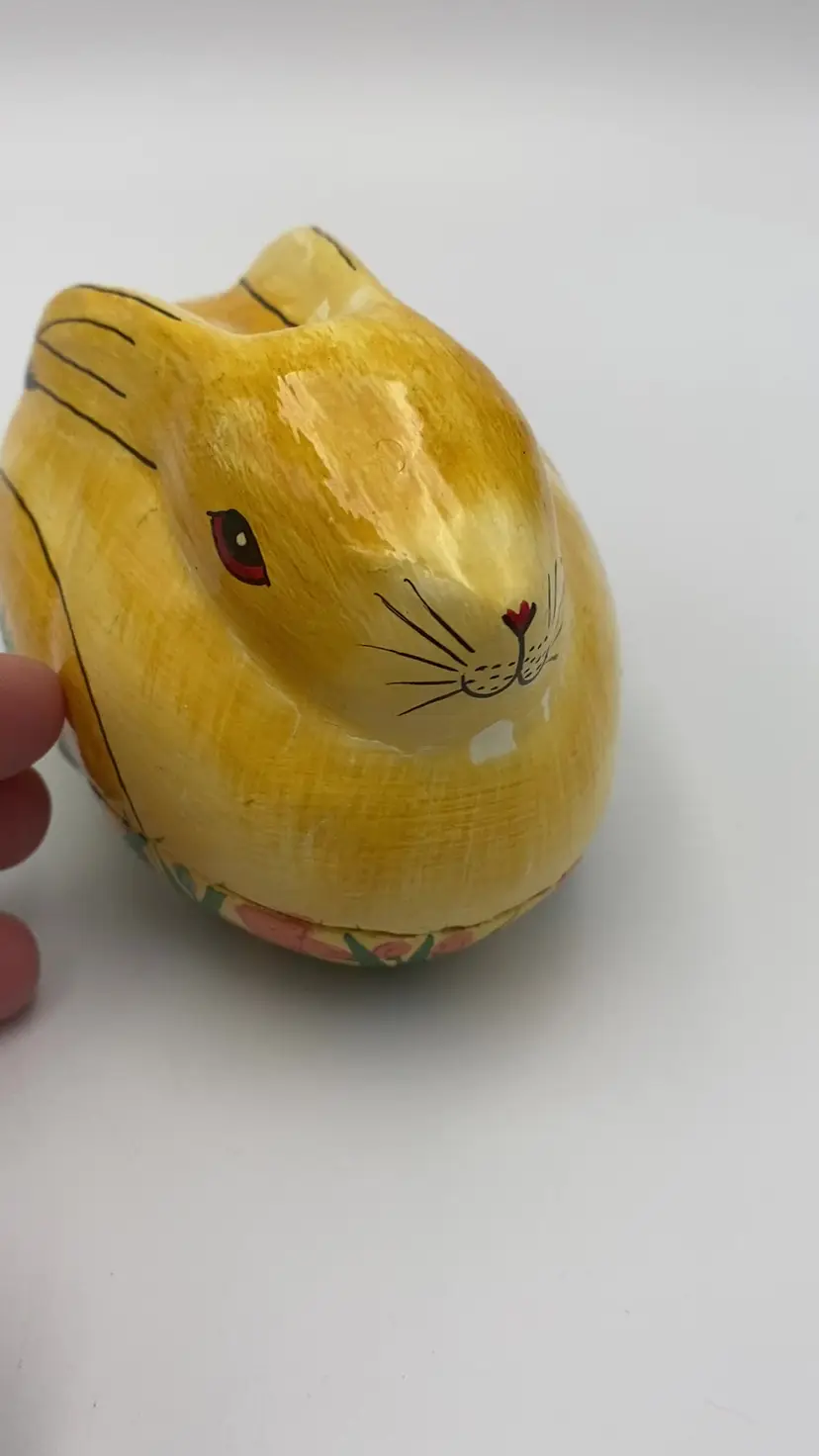 Vintage Kashmir Paper Mache Yellow Bunny Rabbit Box India Lacquered Trinket Box