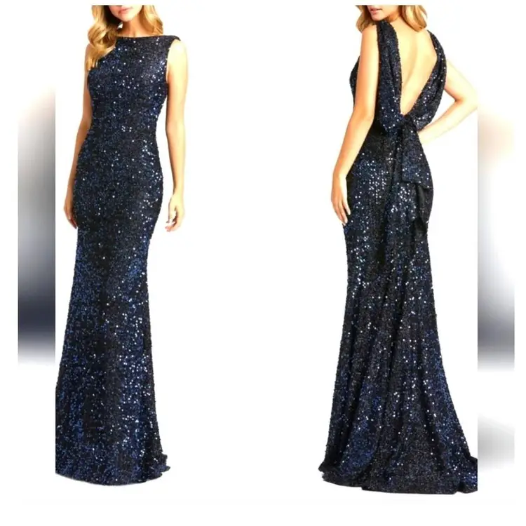 MAC DUGGAL Midnight Blue Sequin Drape Back Trumpet Maxi Dress Size Small…