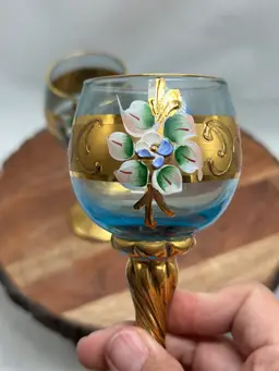 Vintage Bohemian Czech Hand Painted Blue Glass Cordials Set Of 2