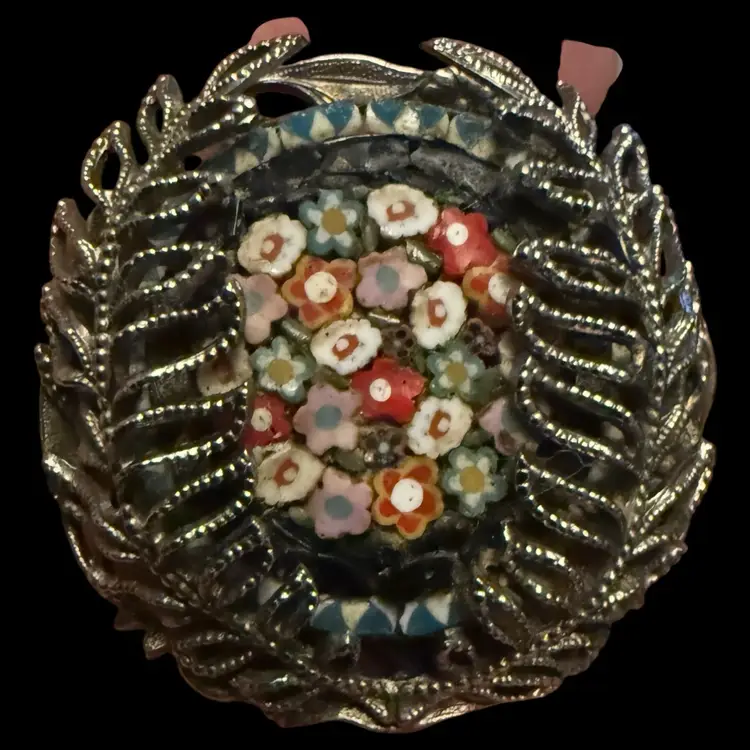 Micro Mosaic Floral Brooch Silver Tone Frame 1.25”