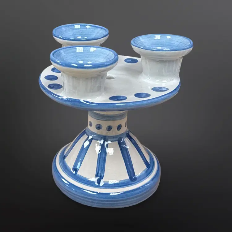 M.A. Hadley Pottery Triple Candle Holder Blue Dots And Stripes HTF