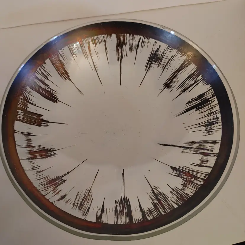 Vintage Glass Bowl with Atomic Splash silver design. Possibly Dorothy Thorpe. 7.25 diameter.