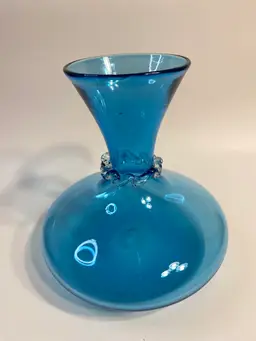 Blue Hand Blown Glass Vase With Applied Clear Glass Ribbon