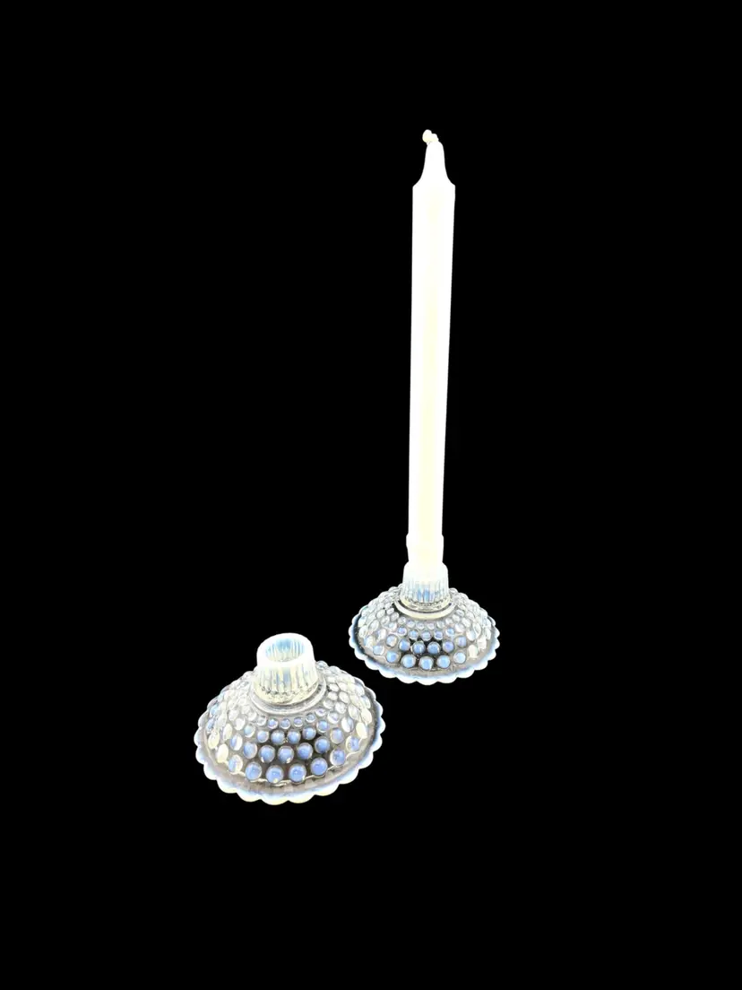Vintage Pair of Hobknob White Opalescent Candlestick Holders -3.25" tall x 4" wide Please Read Description