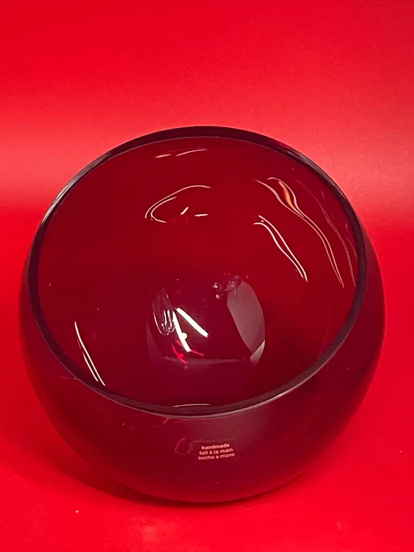 Vintage Handmade Deep Ruby Red Tilt Glass Bowl/Orb Dish, 5" Tall