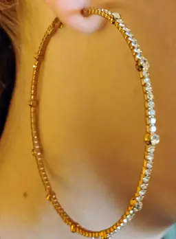 Rhinestone, 3 inch Hoops, Pierced, Gold Toned on inside. Preowned. Excellent Shape.