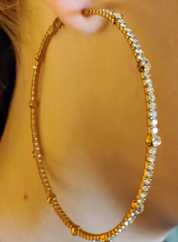 Rhinestone, 3 inch Hoops, Pierced, Gold Toned on inside. Preowned. Excellent Shape.