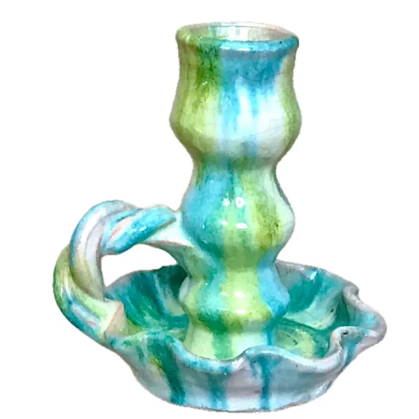 Vintage Williamsburg Pottery Blue Green Twist Chamberstick Taper Candle Holder