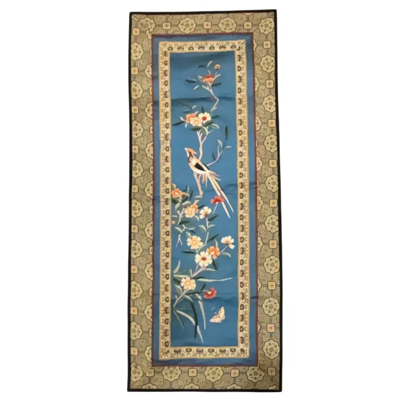 Chinese 1940s 1950s Jewel Tone Embroidery Panel - Butterfly, Bird & Flowers - 24” X 9.75”