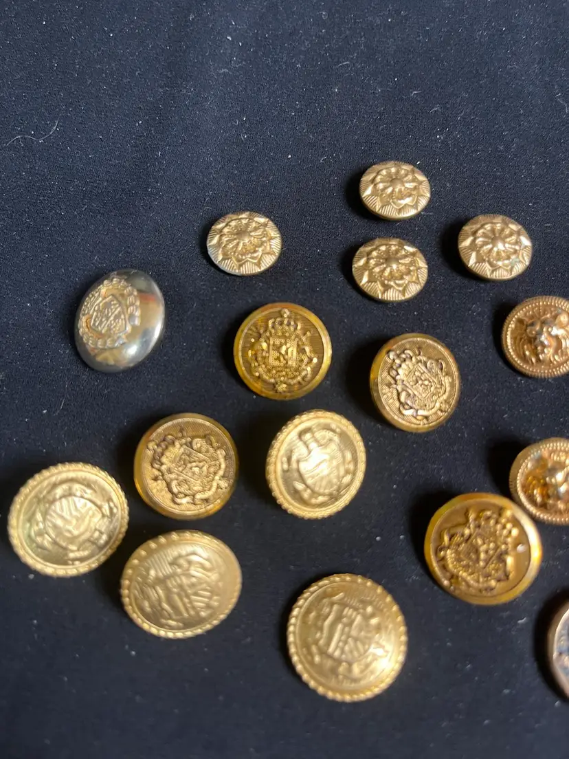 Assortment of Gold Metal Buttons-Family Crests, Floral Like Gold Buttons, 2 Lion Heads, 1 Full Lion