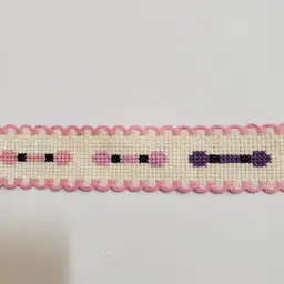 New Cross-stitched Ribband ivory with pink trim multi colored embroidery floss themed