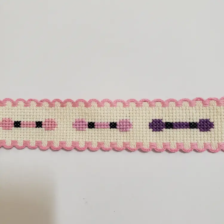 New Cross-stitched Ribband ivory with pink trim multi colored embroidery floss themed