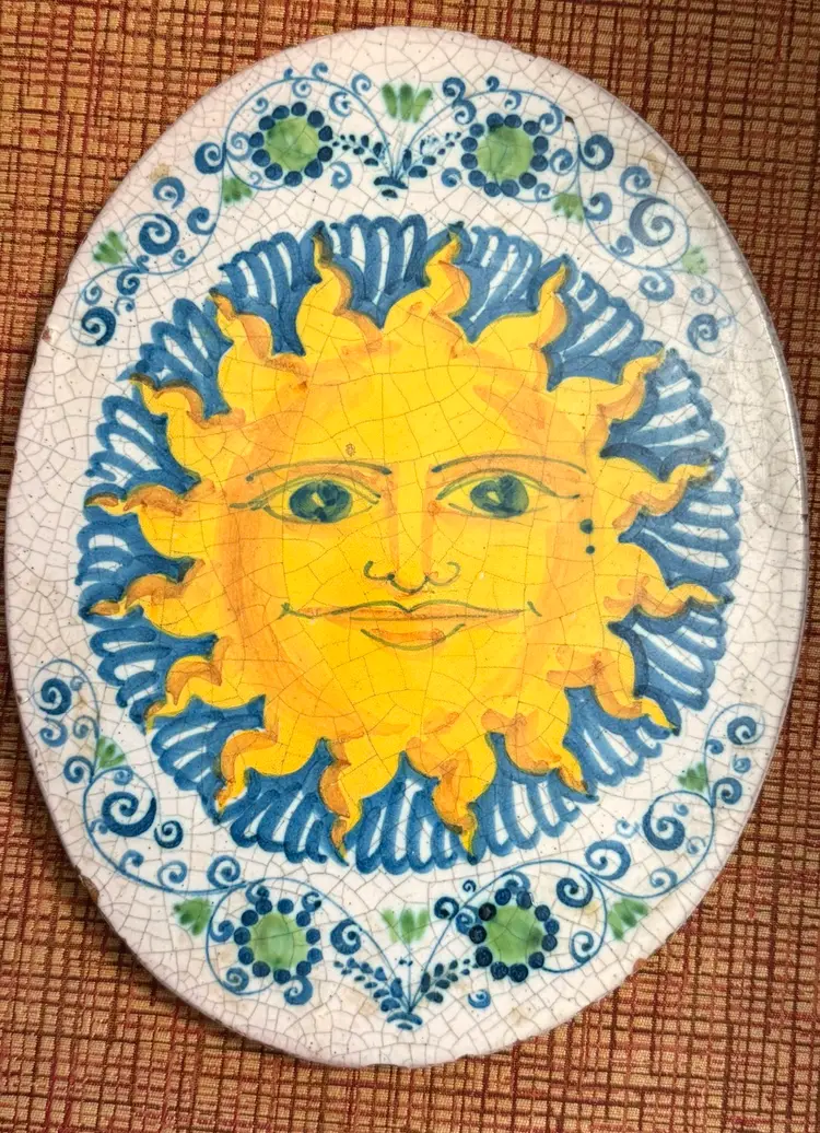 Vintage Signed Val Damone Hand-painted And Glazed Terracotta Celestial Sun Face Wall Hanging