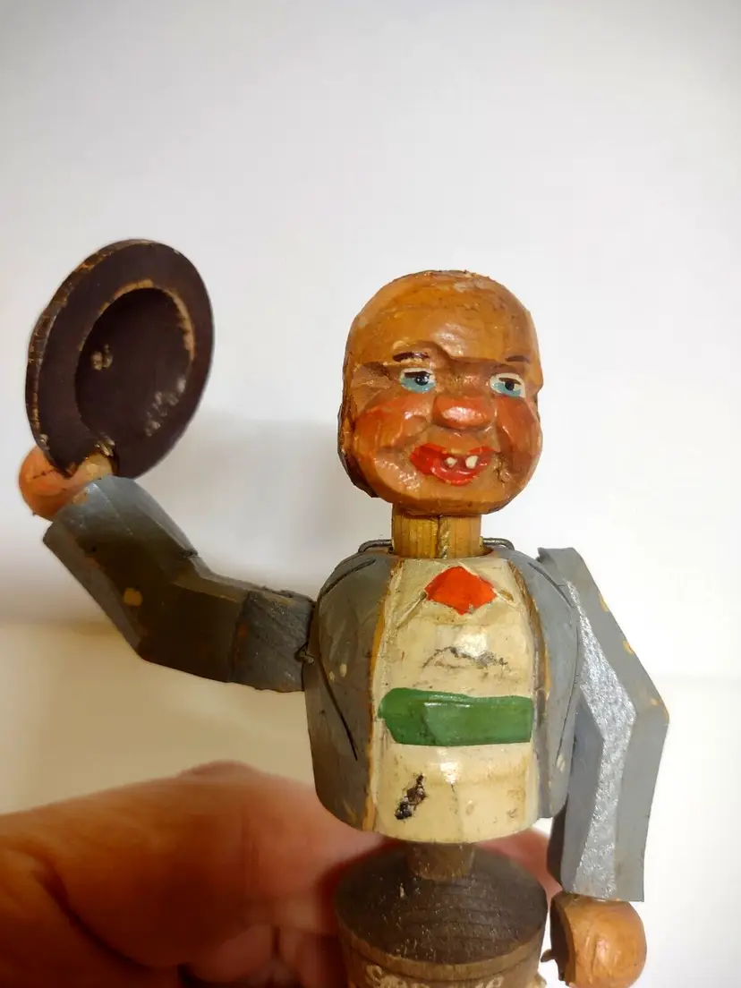 ANRI Puppet Hat Tipping Bottle Stopper Wood Carved Barware Cork Base Geneve