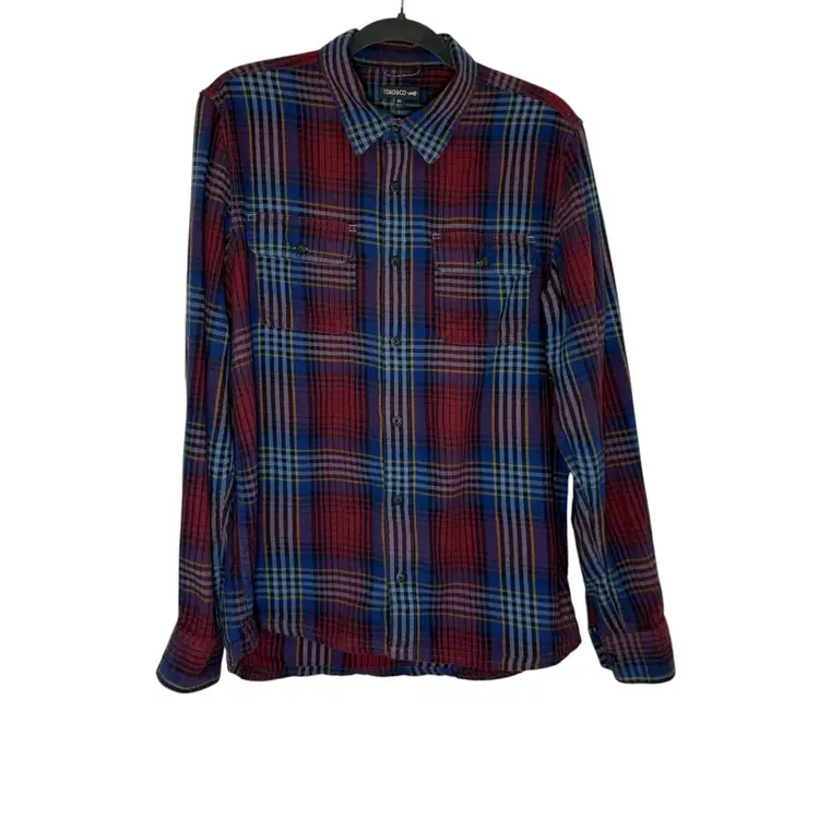 Toad&Co Indigo Flannel Long Sleeve Button Down Plaid Shirt Size M Organic Cotton