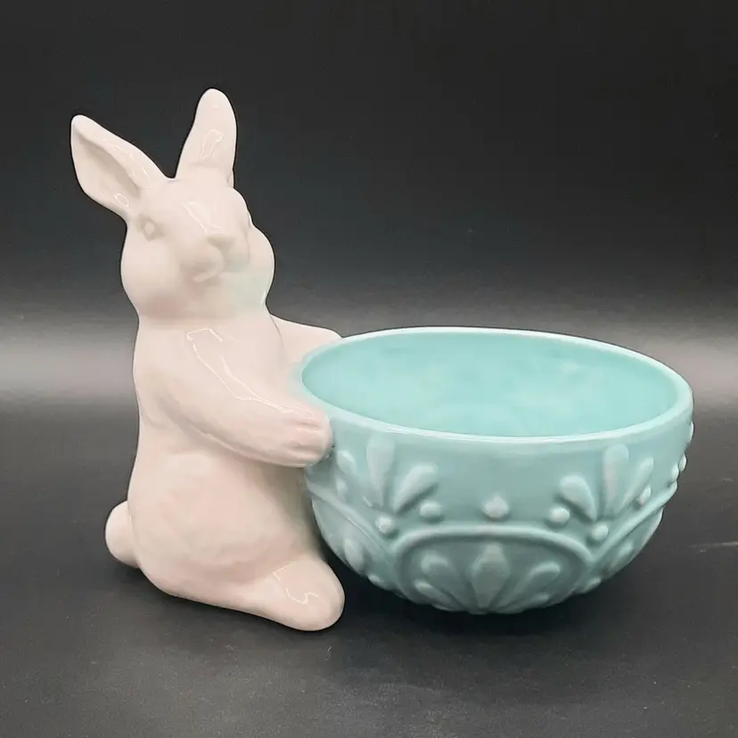 JCPenney Home Bunny Rabbit Easter Candy Nut Dish Bowl Aqua Turquoise & White