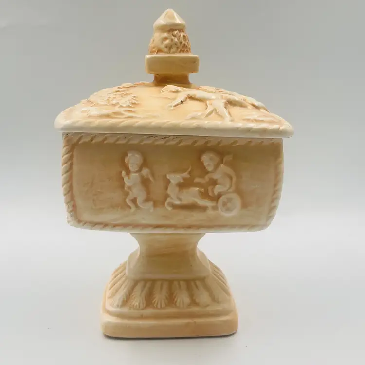 Victorian Revival Trinket Box w/Cherub Relief - Peachy Dream Pedestal  Candy Dish w/Lid