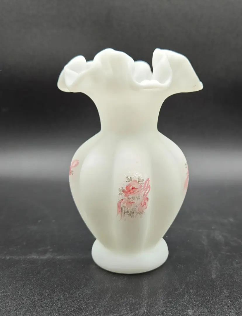 Fenton Satin Glass Handpainted Vase. Beautiful Painted Roses. Signed A. Farley. 5.5" × 4"