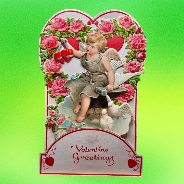 Antique German Valentine Greeting Card, Cherub, Stand Alone Pop-up Honeycomb