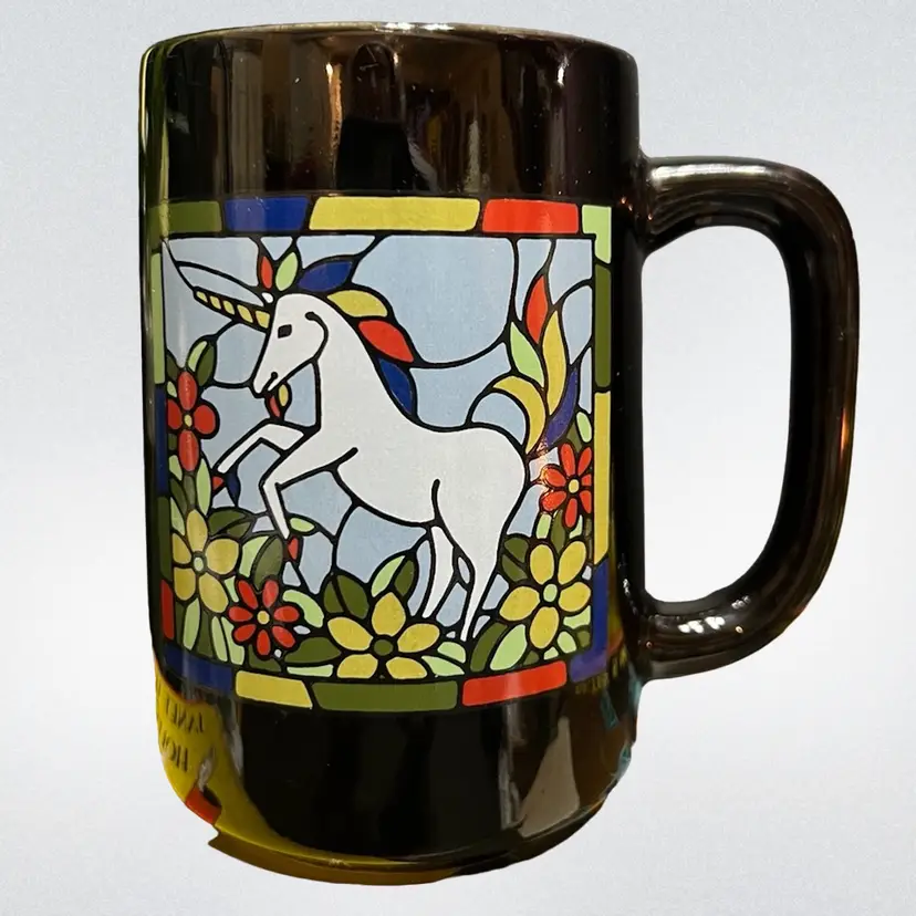 MARKDOWN! Otagiri Japan "Stained Glass" Unicorn Black Coffee Mug, Florals On Reverse Side ~4.75x5x3" With Handle (Base Diameter Is ~3.25")