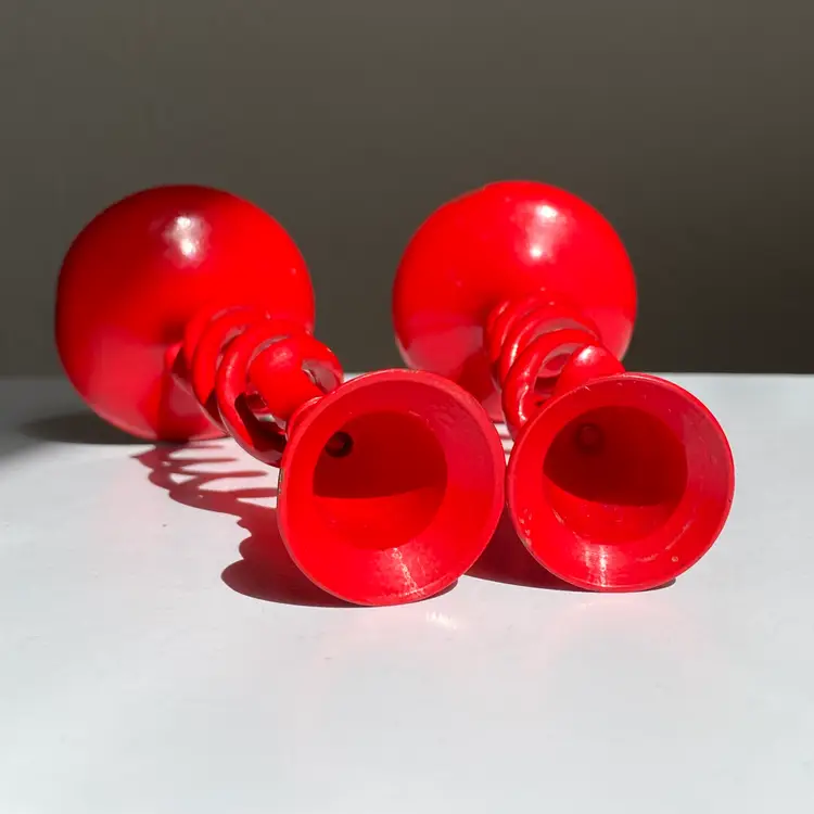 Vintage Red Brass Open Barley Twist Taper Candlestick Pair