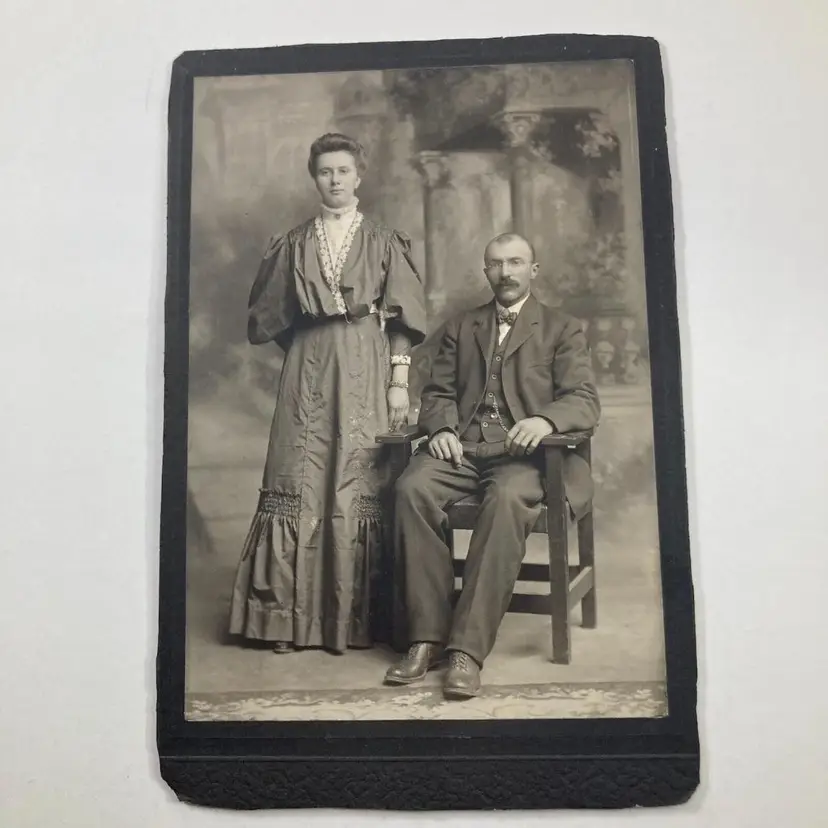 Cabinet Card Seated Man and Woman Portrait Man with Glasses Moustache Bowtie