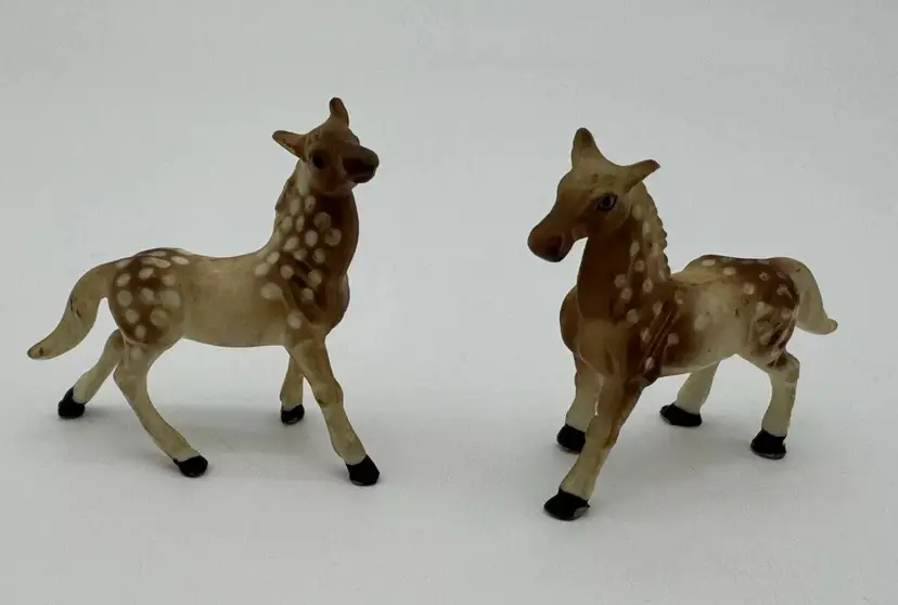 2 Mini Ceramic Appaloosa Horse Foal Figurines Delicate Pair Baby Pony Brown