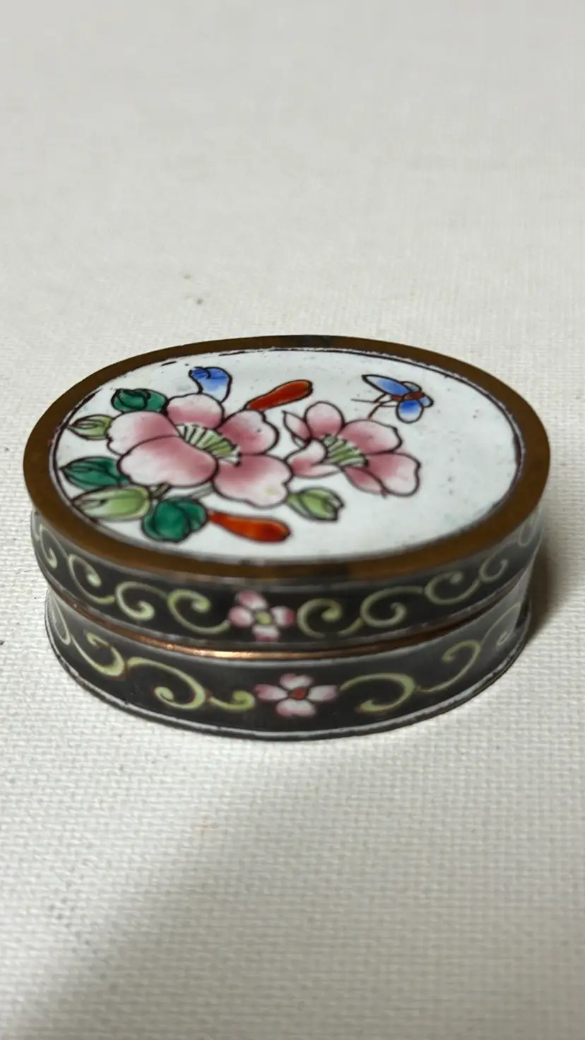 Vintage Chinese Canton Enamel & Copper Trinket Box Flowers and Butterfly 2” long