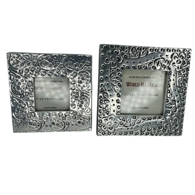 2 Vtg World Market Miniature Silver Tone Metal Engraved Flowers Mini Picture Frames