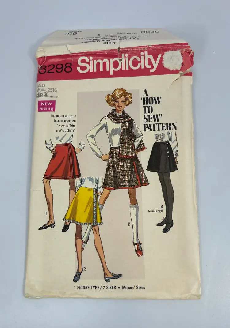 Vintage Simplicity Pattern #8298 Waist 25 1/2 Hip 36 Miss Front Wrap Skirt 2 Lengths & Scarf 1969