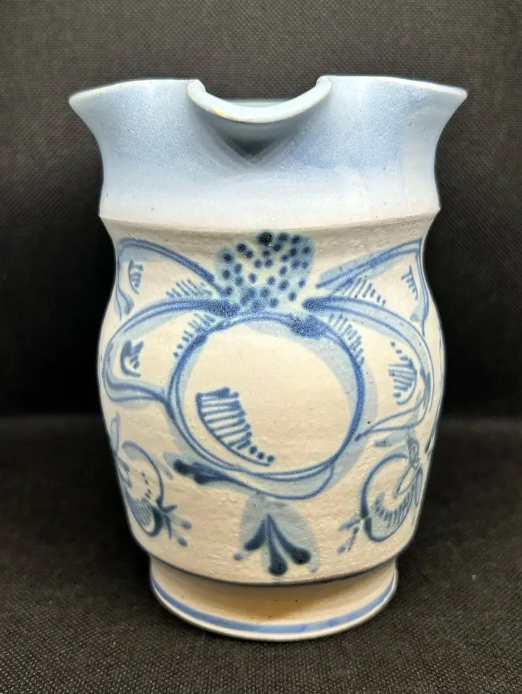 Art Pottery Stoneware Pitcher Eggshell & Blue Floral Design Signed DAVIS