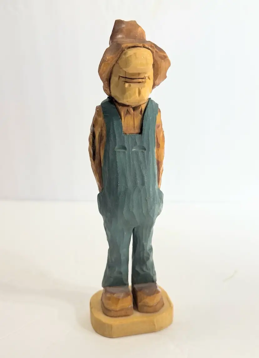 Old Vintage Wooden Hand Carved Man Farmer Signed Folk Art Figure