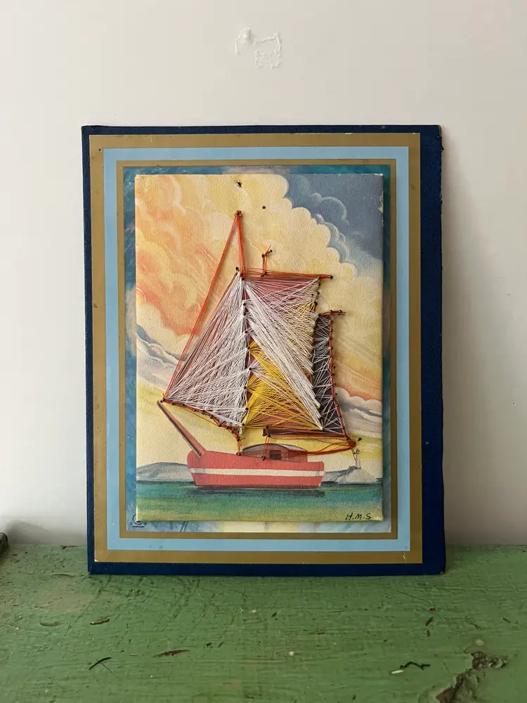 Vintage Sailboat String Art. 1980 Retro Wall Hanging Sunset