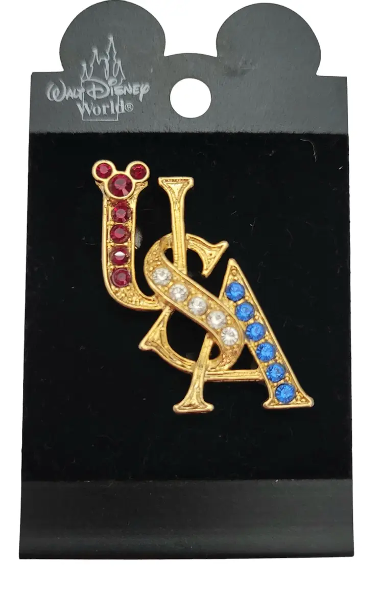 Disney Mickey Mouse Red Blue Clear Rhinestone USA Patriotic Pin, Signed E730