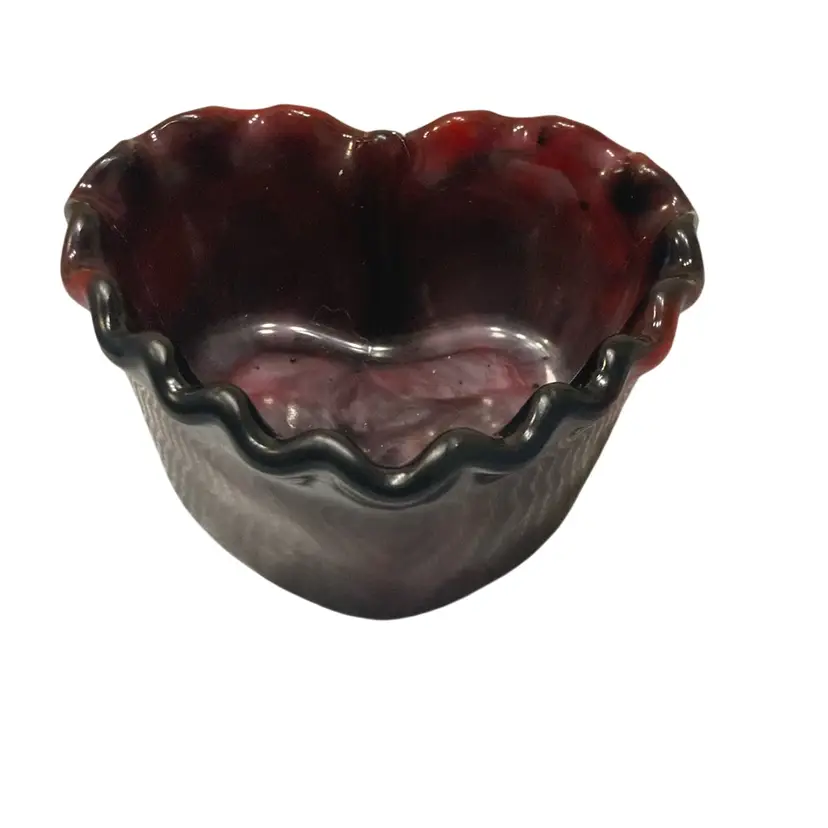 Handmade Burgundy Marbled Look Heart Shape Ruffled Edge Trinket Dish