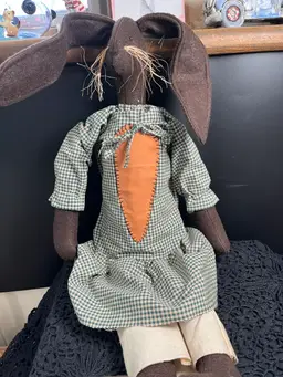 #01 Primitive Chocolate Colored Bunny w/ Darling Green/Ivory Gingham Dress w/ Carrot on it