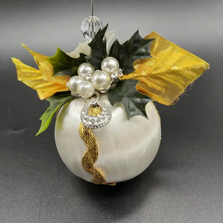 VTG Satin White Ornament - Upcycled  Gold Leaves & Jewelry - Handmade By Me
