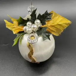 VTG Satin White Ornament - Upcycled Gold Leaves & Jewelry - Handmade By Me