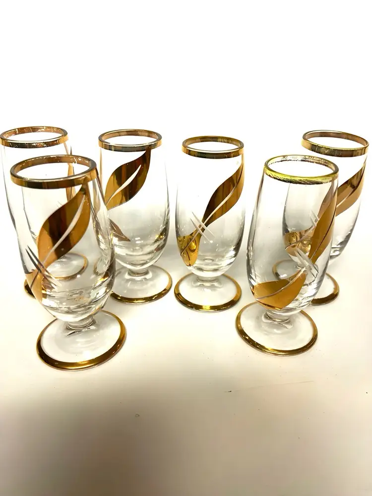 Bohemian gold rimmed with gold tone leaf design, cordial glasses