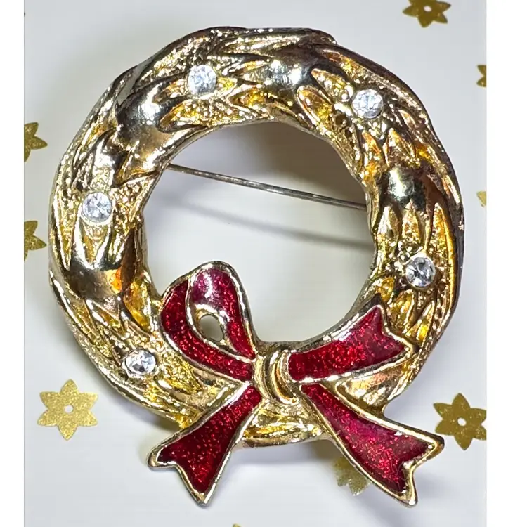 2 Brooch  Lot Vintage Christmas Wreath & Bells Rhinestone Brooches